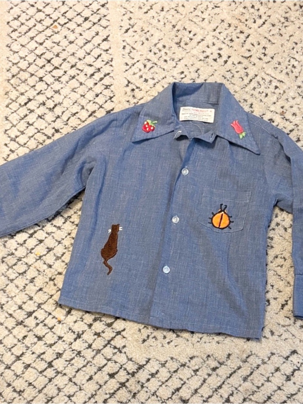 Vintage Sears Perma Prest size 4 Blue Embroidered Children's Shirt 1970s 70s y2K